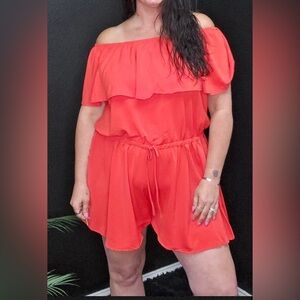 Red Coral Off The Shoulder High Waste Short Romper Size 1X New
